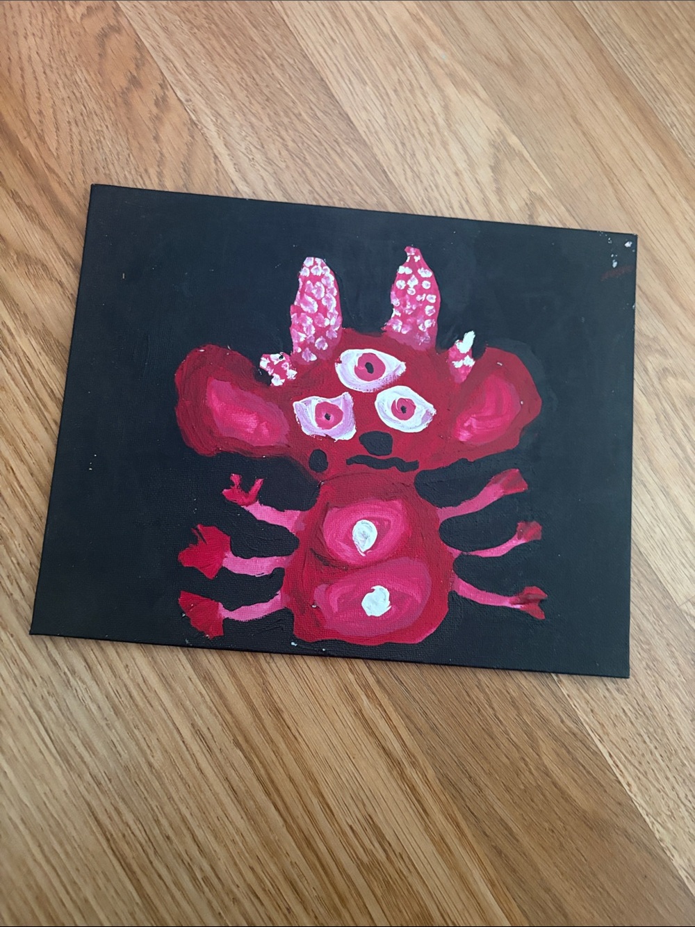 Hand-Painted Pink Monster Art on Black Canvas by